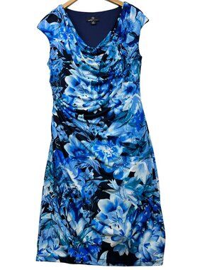 Ronni Nicole Women's Sleeveless Midi Dress Draped Cowl Neck Size 12 Blue Floral